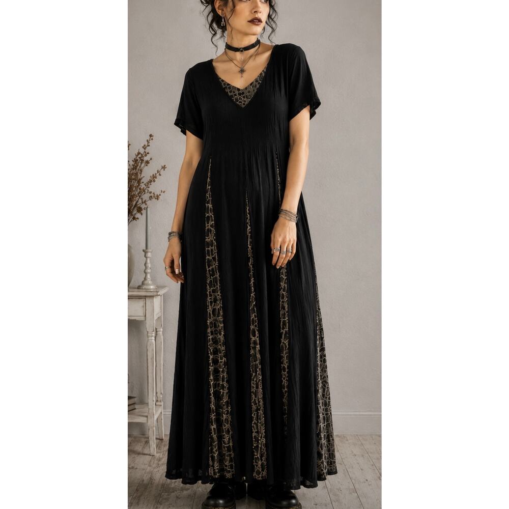 ISR Black Rayon Crinkle Maxi Dress Boho Witchy, Whimsigoth emo goth fairy XL